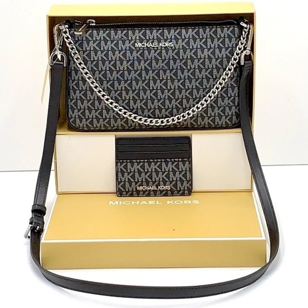 MICHAEL KORS GIFTABLE SHOULDER BAG & CARD HOLDER BOXED SET BLACK SIGNAT GLITTER
